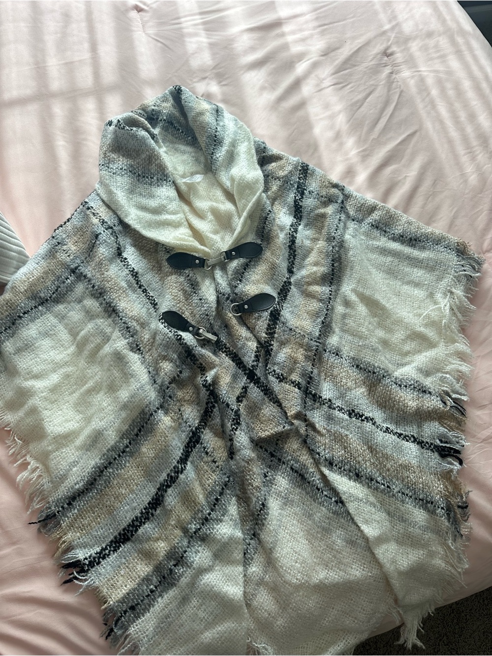 Cozy Ivory Plaid Hooded Poncho Sweater